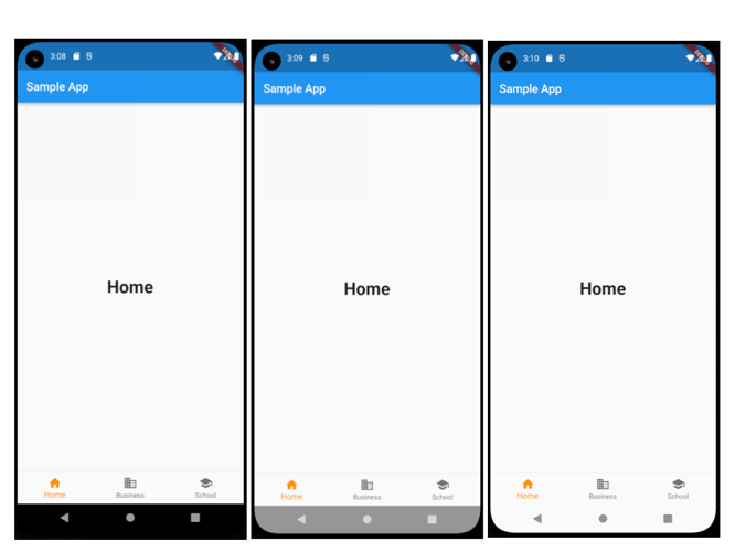 新的 Android 边到边模式：正常模式 (左)，边到边模式 (中)，带有自定义 SystemUIOverlayStyle 的边到边 (右)