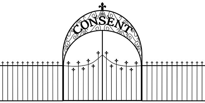 Line-drawing/clipart of a gate, where the family name says Consent