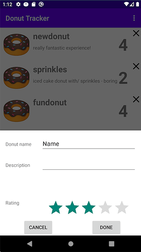 点击悬浮操作按钮会弹出对话框填写新的甜甜圈信息