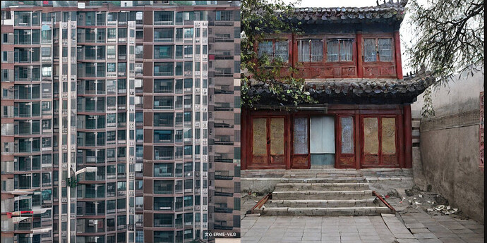 results of ERNIE ViLG (left) and Stable Diffusion v 2.1 (right) for the same prompt, a house in Beijing