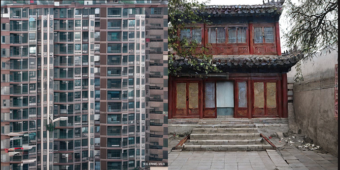 results of ERNIE ViLG (left) and Stable Diffusion v 2.1 (right) for the same prompt, a house in Beijing